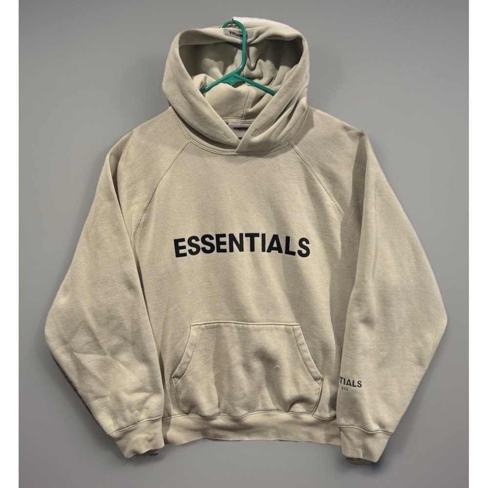 Essentials Fear of God Fleece Hoodie Sz L Beige Brown Pullover Logo W FLAW